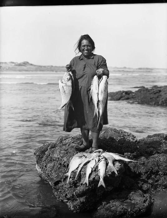 Maori woman with a catch of fish, Northland Region