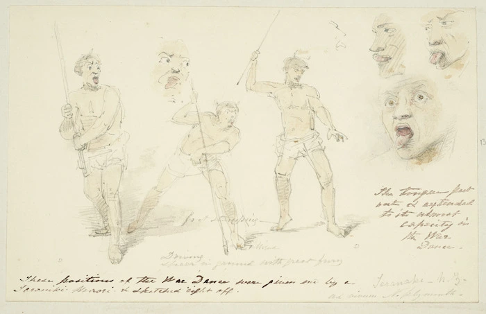 [Strutt, William] 1825-1915 :Driving spear in ground with great fury. The tongue put out and extended to its utmost capacity in the war dance. These positions of the war dance were given me by a Taranaki Maori and sketched right off. Taranaki - N. Z. Ad vivum. N. Plymouth. [1855 or 1856]