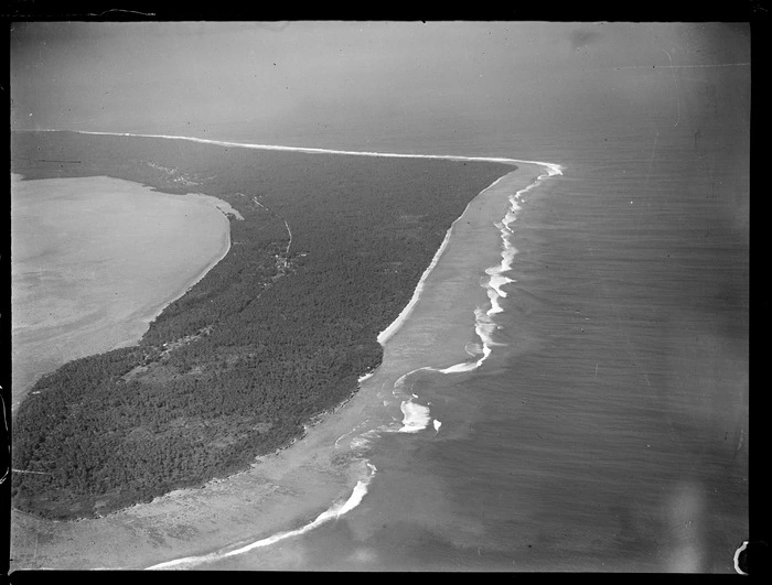 Aerial view of the Tongatapu Island bush covered peninsula with Kanokupolu and Ha'atafu settlements with inner lagoon, Tonga