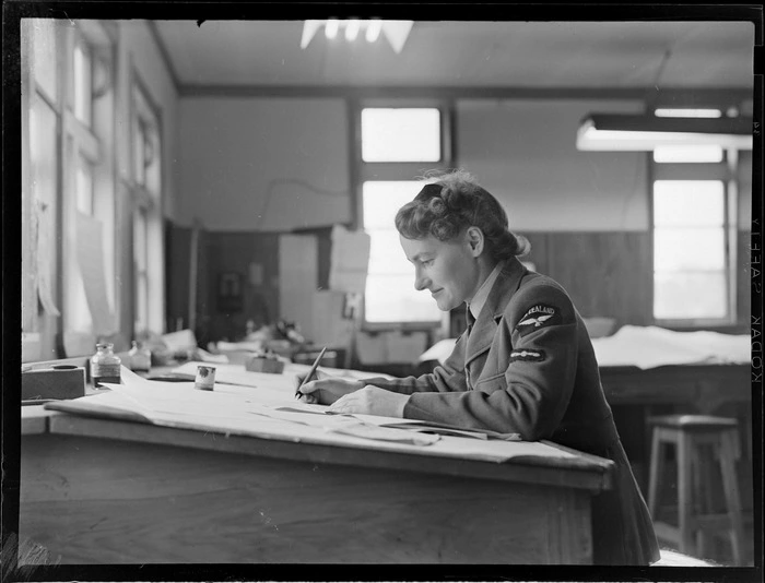 View of an unidentified Meteorological Section WAAF (Women's Auxiliary Air Force) at work at her drawing board, Mechanics Bay, Auckland City