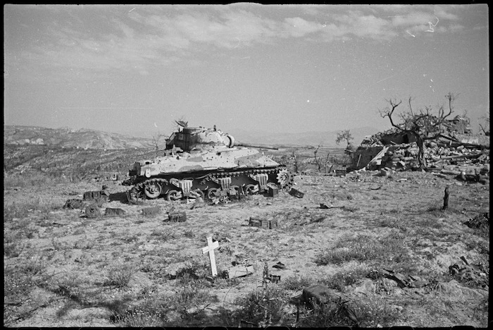 Burnt out New Zealand Sherman tank near Orsogna, Italy, World War II - Photograph taken by George Kaye