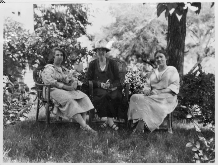 Katherine Mansfield with Ida Baker and Dorothy Brett in the garden at Sierre, Switzerland