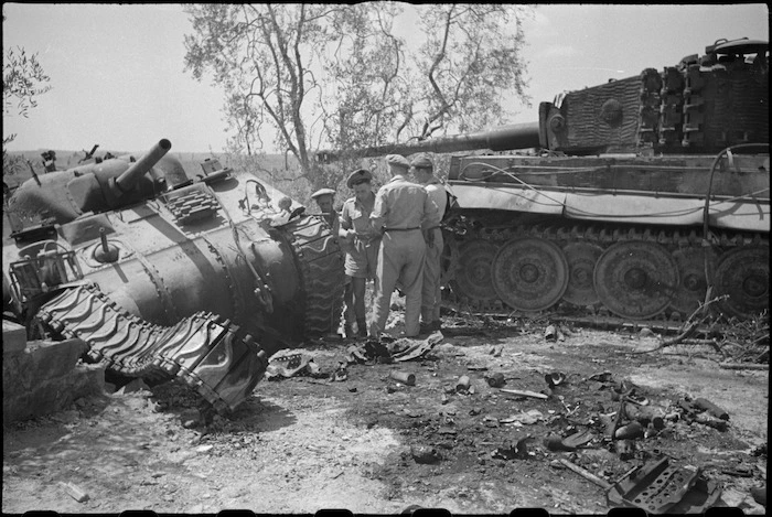 Sherman tank destroyed by a German Tiger tank in Florence area, Italy, World War II - Photograph taken by George Kaye