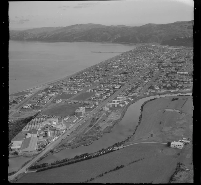 View to the suburb of Petone with Jackson Street and the Shandon Golf Club links in foreground to Petone Beach with wharf, Lower Hutt Valley, Wellington Harbour