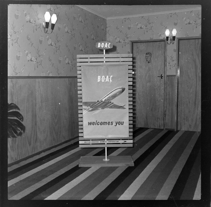British Oversea Airways Corporation, sign in foyer with 'BOAC welcomes you' on it