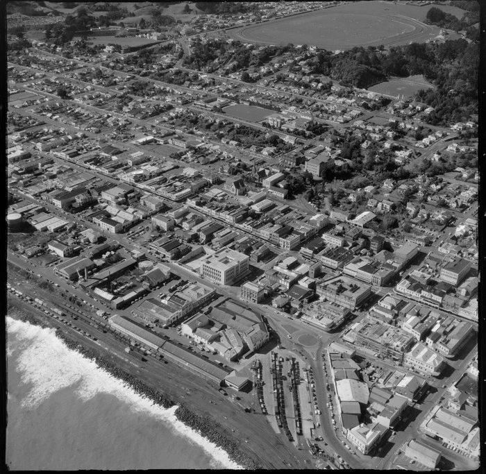 View inland over New Plymouth City waterfront with railway station in foreground to Pukekura Park and Racecourse, Taranaki Region