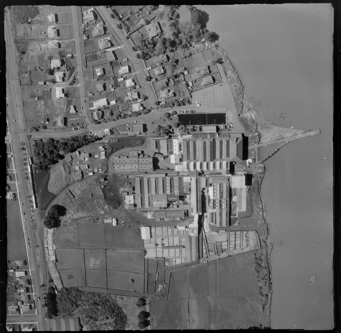 View of Heads Road and the Whanganui Freezing Works with wharf beside the Whanganui River, Manawatu-Whanganui Region