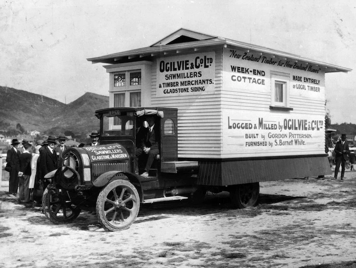 Sample weekend cottage on truck advertising Ogilvie & Company, sawmillers