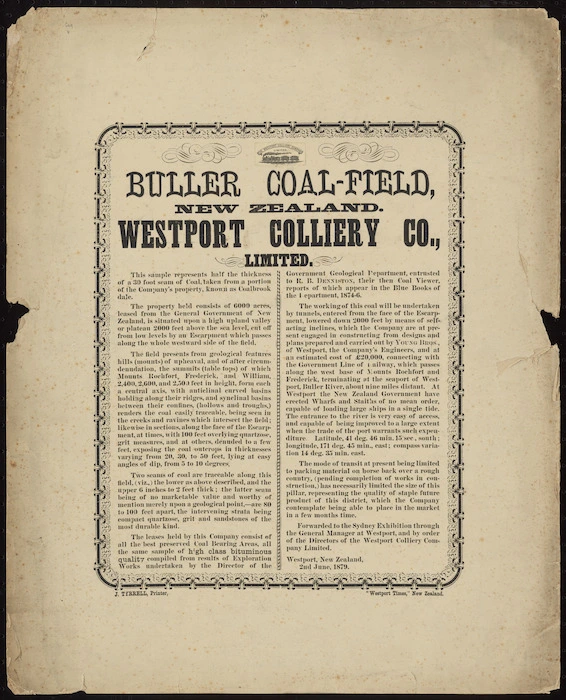 Buller Coal-field, New Zealand Westport Colliery Co., Ltd. [Poster] / J Tyrrell, Printer; "Westport Times", New Zealand. 2nd June 1879.