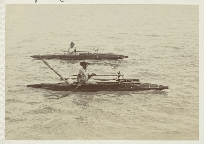 Men in canoes, Niue