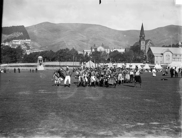 Unidentified Maori group performing a haka at the Basin Reserve, Wellington