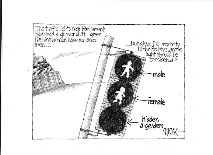 The traffic lights near Parliament have had a gender shift... green flashing women have replaced men... 3 September 2009