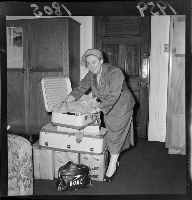 Mrs Mabel Howard, preparing to leave for a trip to the United Kingdom