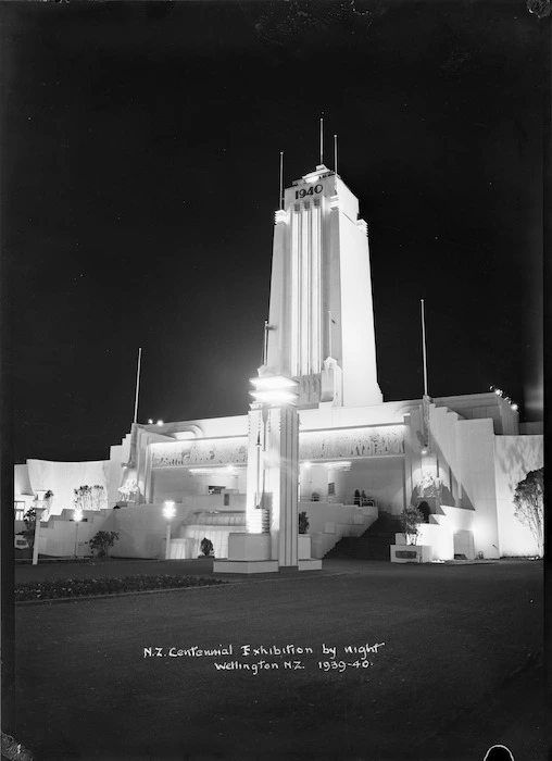 Centennial Tower, New Zealand Centennial Exhibition, Wellington, at night