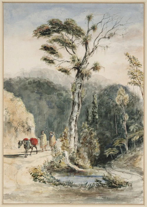 Oliver, Richard Aldworth, 1811-1889 :A Maori man and his wife on a road with a packhorse [ca 1850]
