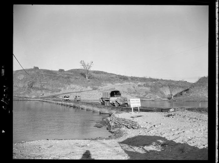 New Zealand Army vehicles moving across the pintail bridge over the Imjin River, Korea