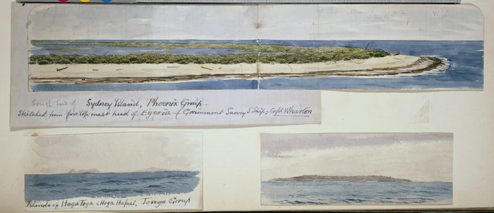 [Lister family] :South end of Sydney Island, Phoenix Group sketched from foreloft mast head of Egeria (Government Survey S. ship, Capt Wharton) [1886]