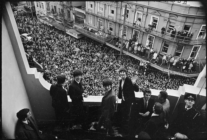 The Beatles on the balcony of the Hotel St George, Wellington