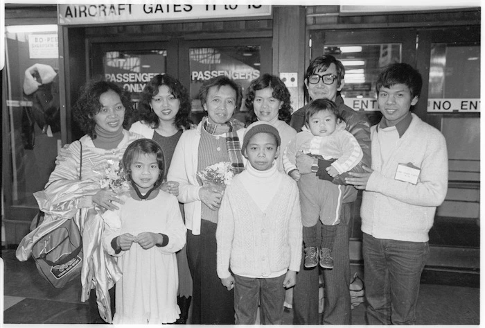 Cambodian refugee family at Wellington Airport - Photograph taken by Gail Selkirk