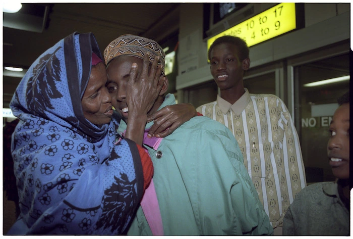 Somali family reunion, Wellington Airport, New Zealand - Photograph taken by Ross Giblin