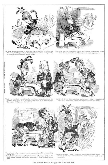Blomfield, William, 1866-1938 :The Gimlet Female Purges the Electoral Roll. New Zealand Observer and Free Lance, 14 September 1895.