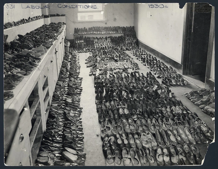 A room full of shoes to be given to wives of unemployed men during the Depression