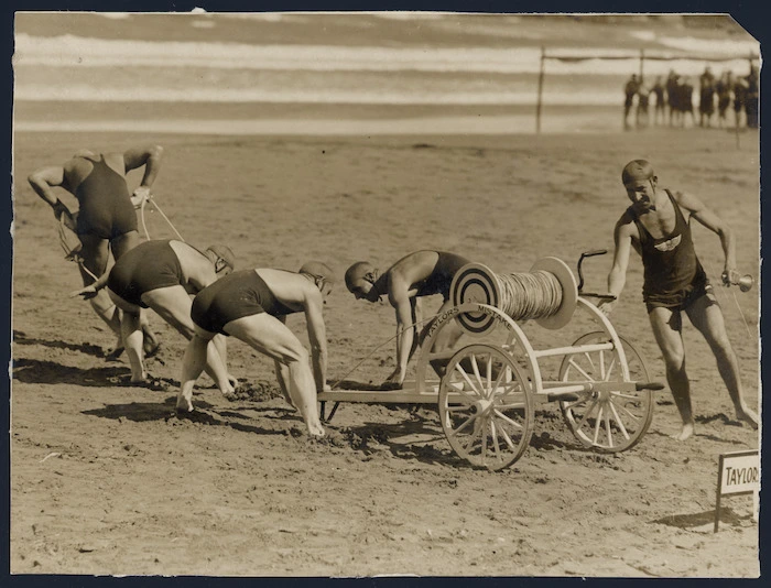 Members of Taylors Mistake Surf Life Saving Club compete at New Zealand Championships, Lyall Bay, Wellington
