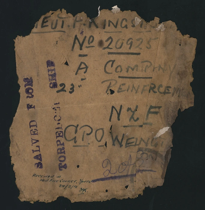Paper fragment with address salvaged from a torpedoed ship