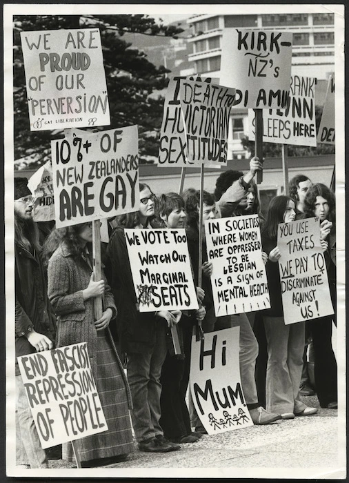 Gay Liberation Movement demonstrating, Parliament grounds, Wellington, New Zealand