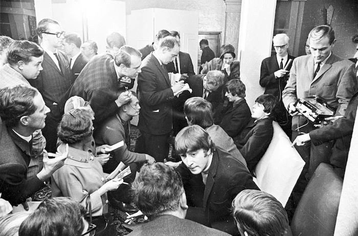 The Beatles at a press conference during their tour, Wellington