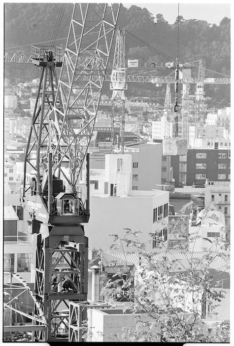 Construction cranes over Wellington, New Zealand - Photograph taken by Phil Reid