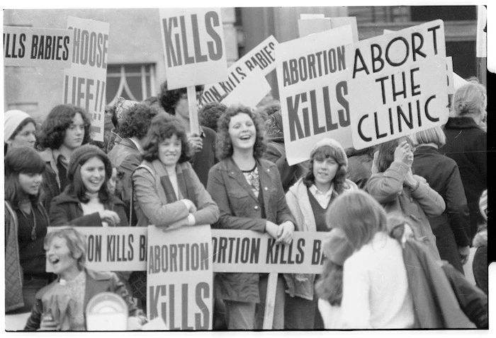 Anti abortion demonstrators with banners, Wellington