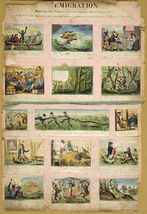 Grant, J. G. fl 1840s? :Emigration. Detailing the progress and vicissitudes of an emigrant!! Dedicated to all those who would leave their native country to seek a better condition in a distant foreign land. [London. J. G. Grant invented. On stone & printed by G. Davies. E. Lacey [publisher] 1834?]