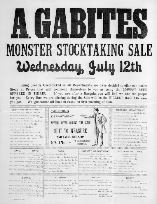 A. Gabites (Timaru) :Monster stocktaking sale, Wednesday, July 12th. Timaru Post Print [1880s?].