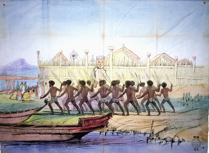 [Angas, George French], 1822-1886 :[War dance before the pah of Ohinemutu, near Rotorua Lake, 1844] / Working Men's Educational Union WM 43. [1850s or early 1860s. After Joseph Jenner Merrett]