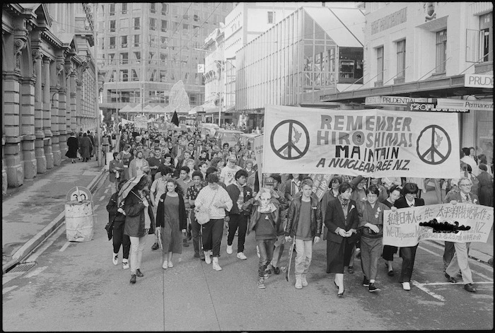 Silent peace march on Hiroshima Day, Lambton Quay, Wellington