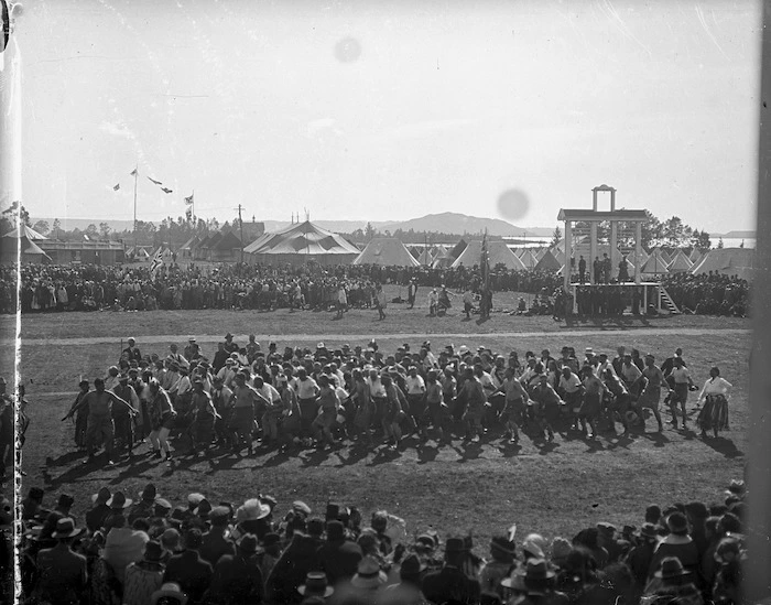 Group in Rotorua performing a haka during the visit of Edward, Prince of Wales, in 1920