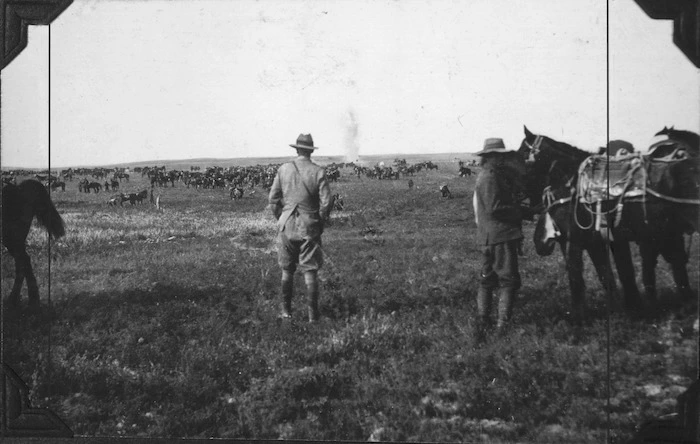 Colonel Findlay watching bombs drop during the second Battle of Gaza, World War I