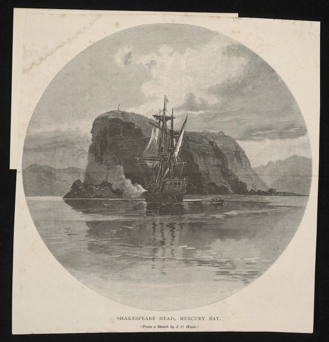 Hoyte, John Barr Clark, 1835-1913 :Shakespeare Head, Mercury Bay (from a sketch by J C Hoyte) / F B Schell; S C sc[ulpsit. 1886].