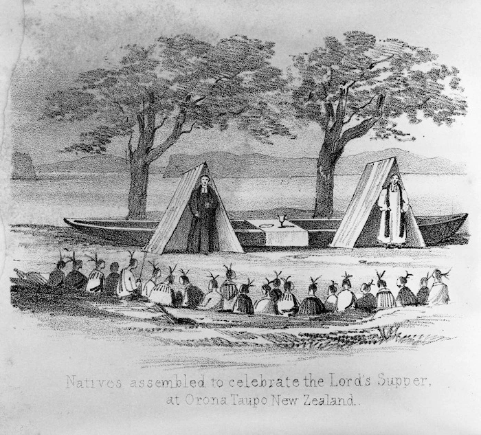 Artist unknown :Natives assembled to celebrate the Lord's Supper at Orona, Taupo, New Zealand. [1845]