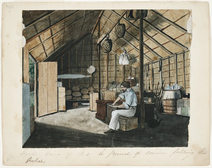 [Cooper, Alfred John] 1831-1869 :[Interior of settler's house, Mohaka 1855? Lavin's first house, Kaikaia, Mohaka]