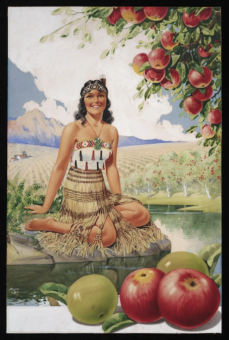 Cole, Edward, fl 1930s :[New Zealand apples with Maori woman. 1930s?]