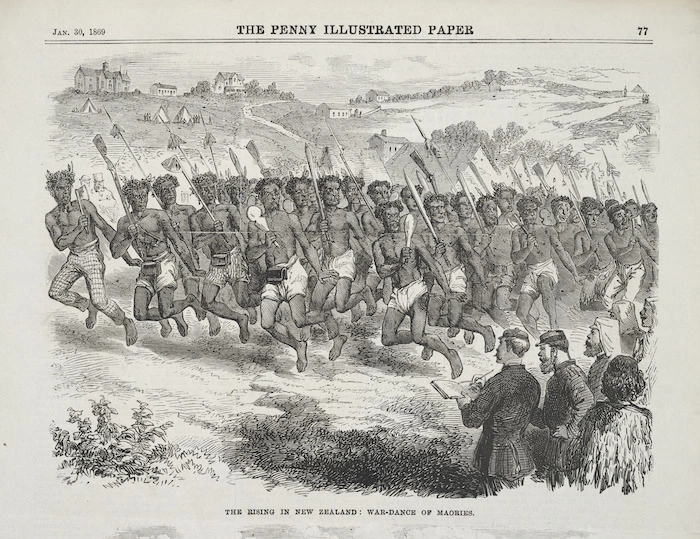 [Robley, Horatio Gordon], 1840-1930 :The rising in New Zealand; war-dance of Maories. The penny illustrated paper. Jan. 30, 1869, [page] 77.
