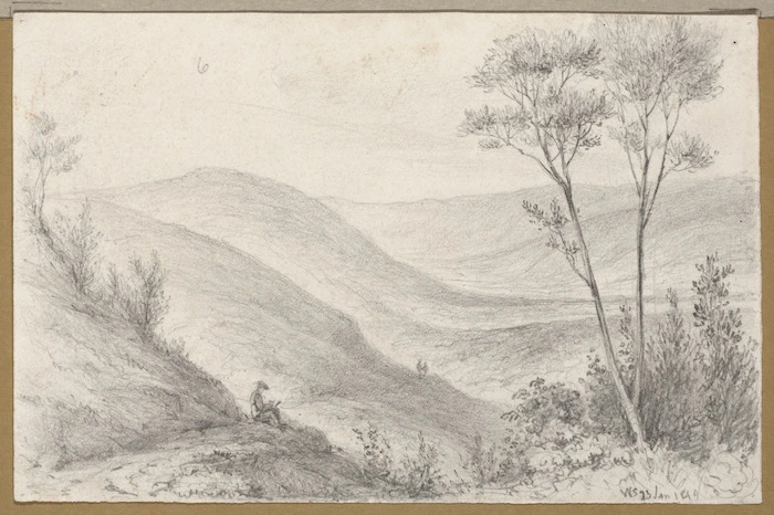 Swainson, William, 1789-1855 :Road over the Mungaroa Hills 12 Jany 1849 looking back / W.S. - 23 Jan. 1849