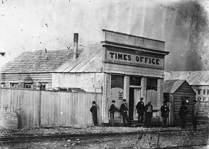 Westport Times newspaper office and group alongside, Molesworth Street, Westport
