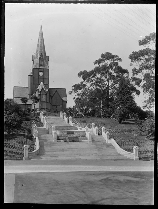 Christ Church cathedral with steps leading up to church and garden, Nelson