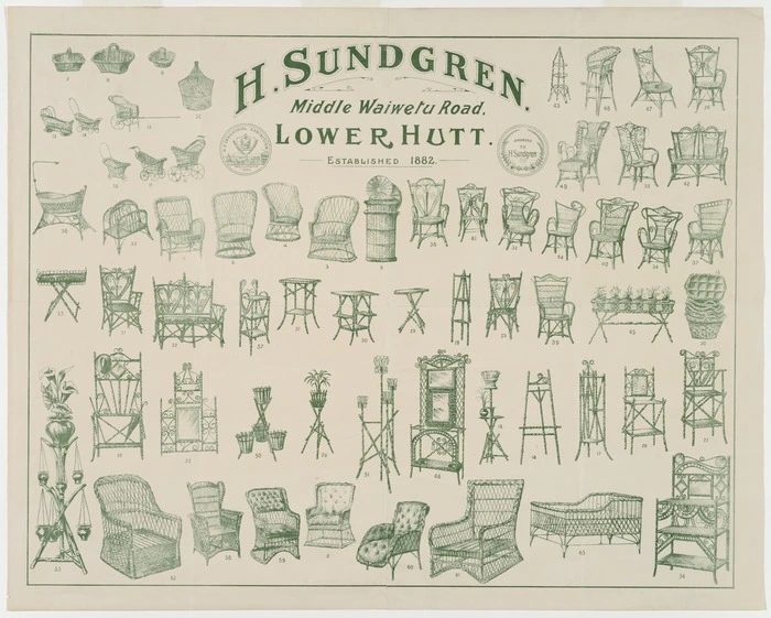 H Sundgren, fl 1880-1920s :H. Sundgren, Middle Waiwetu Road, Lower Hutt, established 1882. [Poster of wicker furniture samples. 1886-1908].