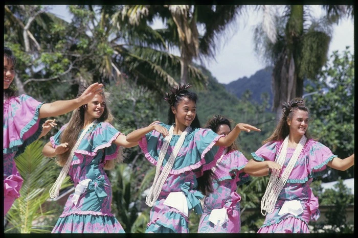 Pupils of Kamehameha School, Hawaii, perform at the 6th Festival of Pacific Arts, Rarotonga, Cook Islands