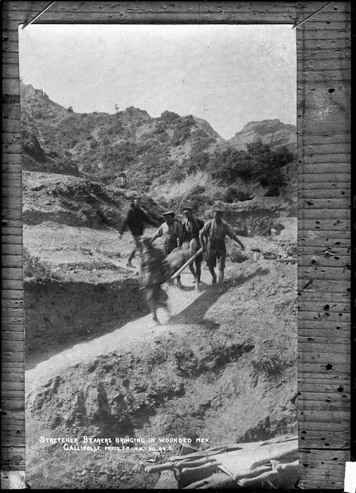 Stretcher bearers bringing in wounded men at Gallipoli, Turkey, during World War I - Photograph taken by J M