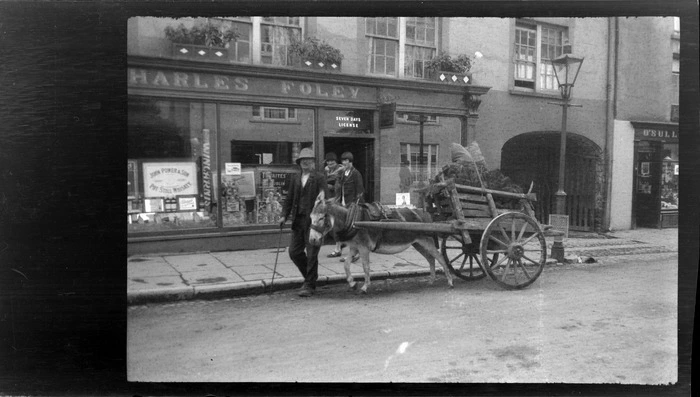 Street scene, man with donkey and cart filled with peat, in front of Charles Foley & Son shop, Killarney, County Kerry, Ireland
